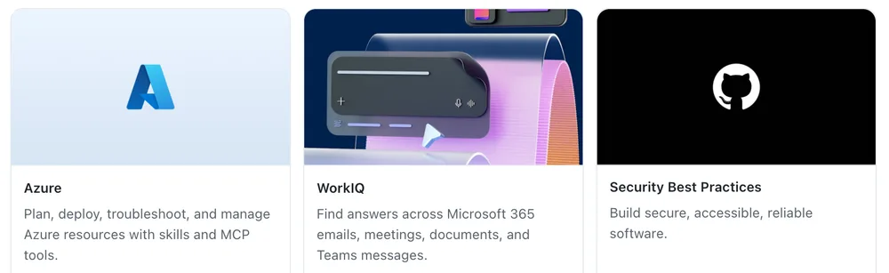 Three plugin cards from the Featured section of Customize: Azure, WorkIQ for answers across Microsoft 365 emails, meetings, documents and Teams messages, and Security Best Practices.